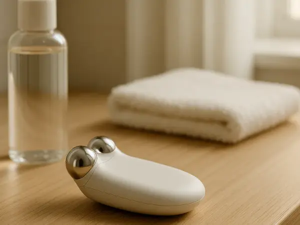 洗面台に置かれた手持ちタイプのEMS美顔器と化粧水のボトル