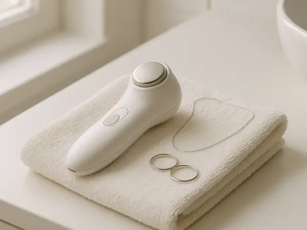 洗面台に置かれた手持ちタイプの美顔器と、外して並べられた指輪とネックレス