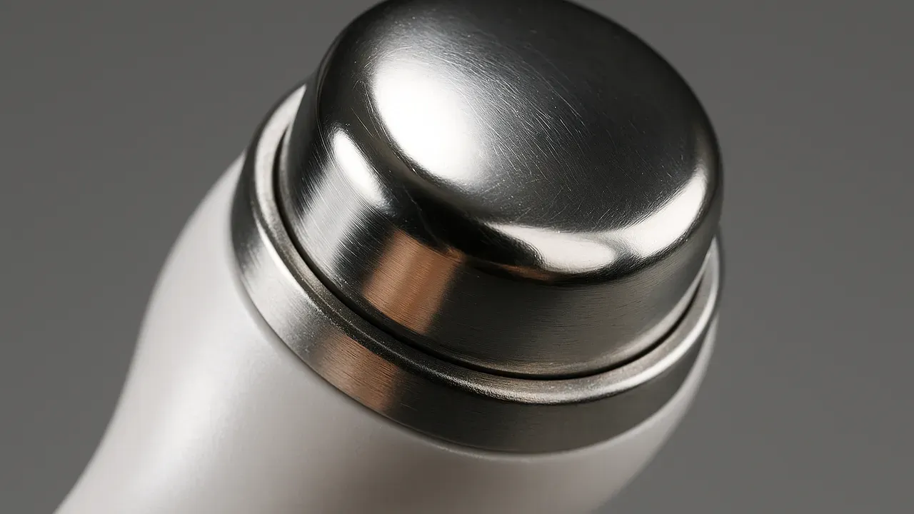 美顔器の金属製ヘッド部分を明るい光の下で拡大して見せた様子