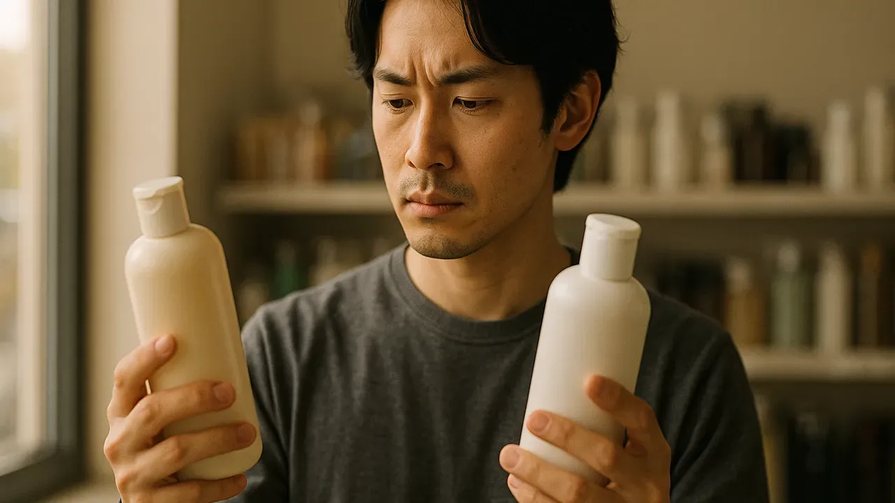 2本のスカルプシャンプーを見比べる男性