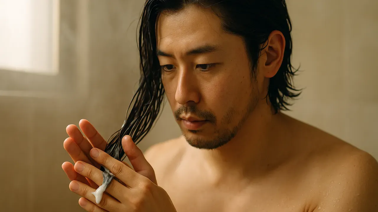 シャワーで髪にトリートメントをなじませる男性
