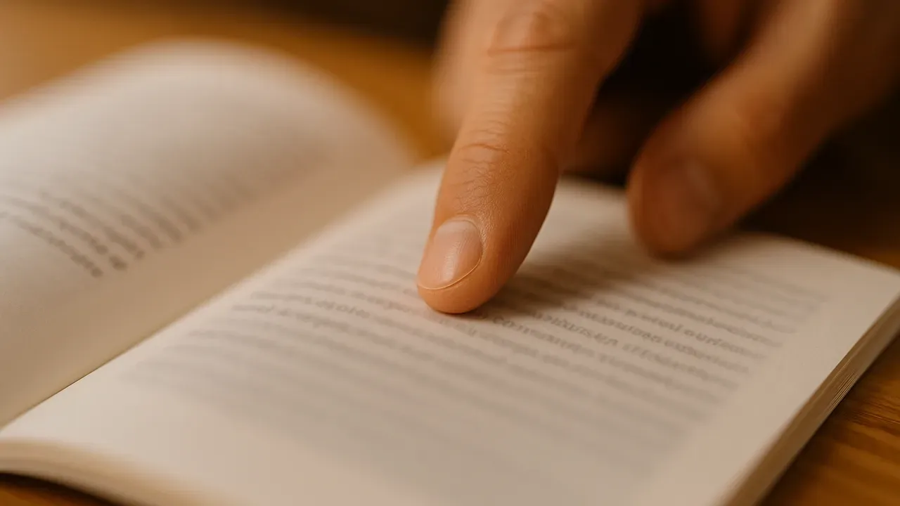 開かれた取扱説明書のページを指でたどって注意事項を確認する手元