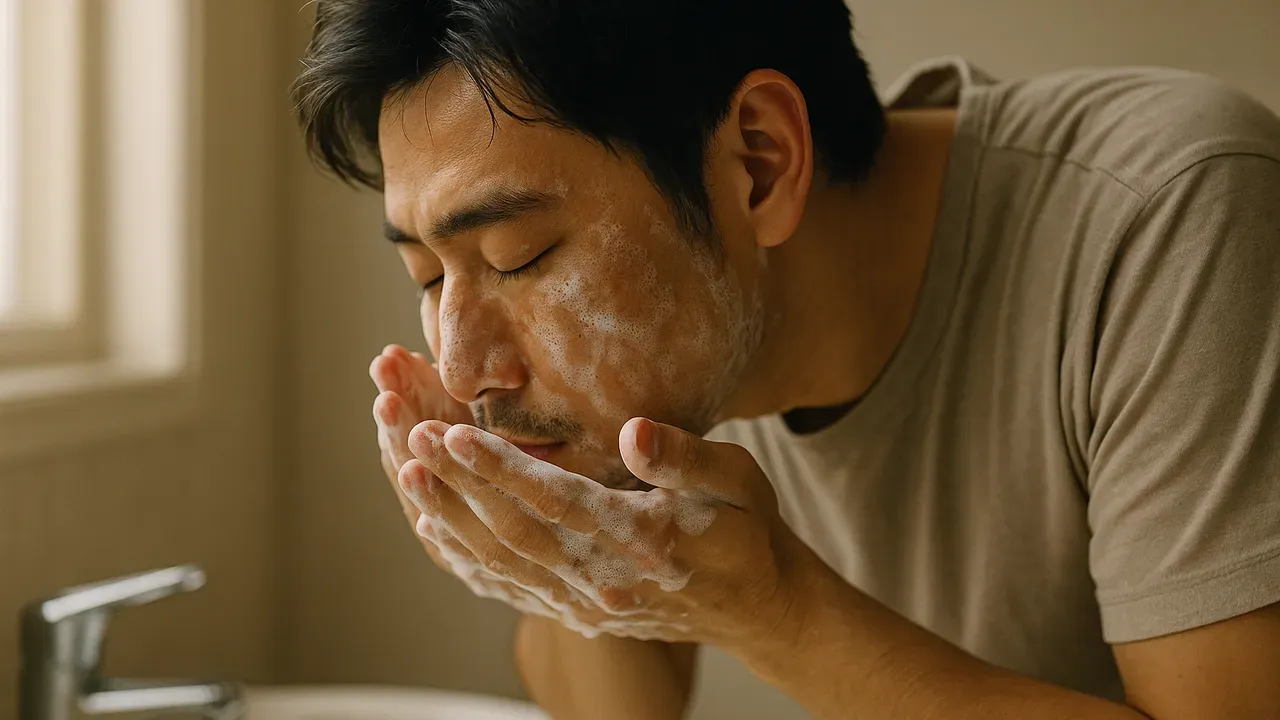 洗面所で泡を立てて顔を洗う男性