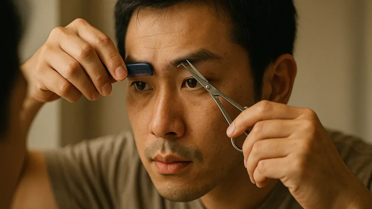 コームとはさみで眉を整える男性