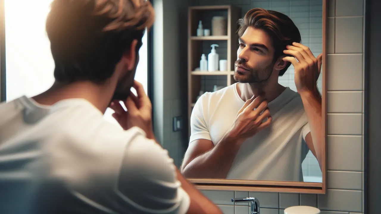 バスルームの鏡前で髪型を確認する男性