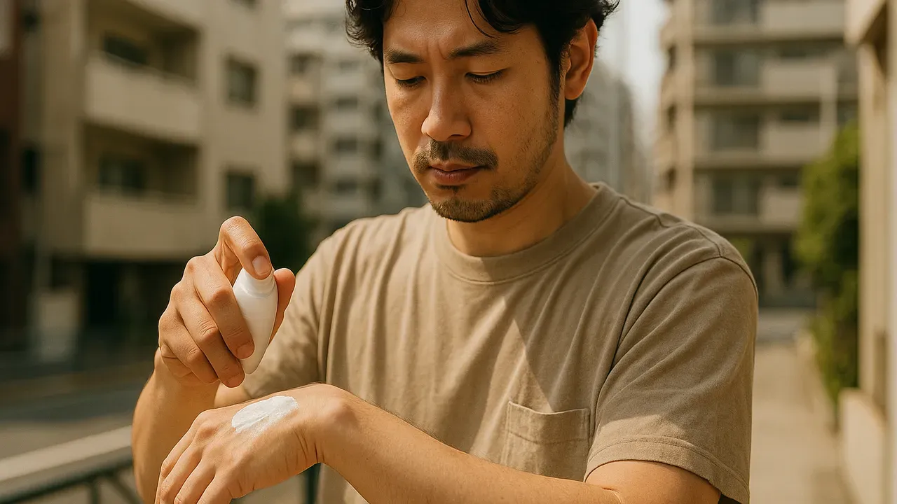 外出前に手の甲へ日焼け止めを塗る男性