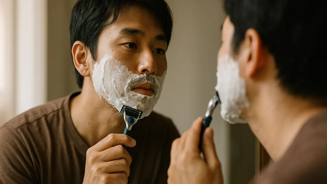 泡をつけてカミソリで髭を剃る男性