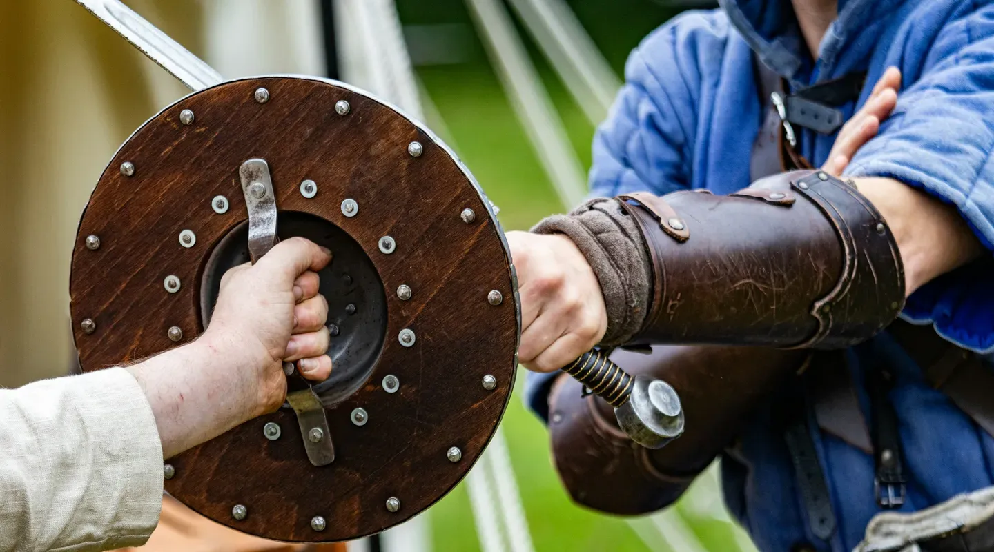 盾と剣を構えて立つ戦士のシルエット