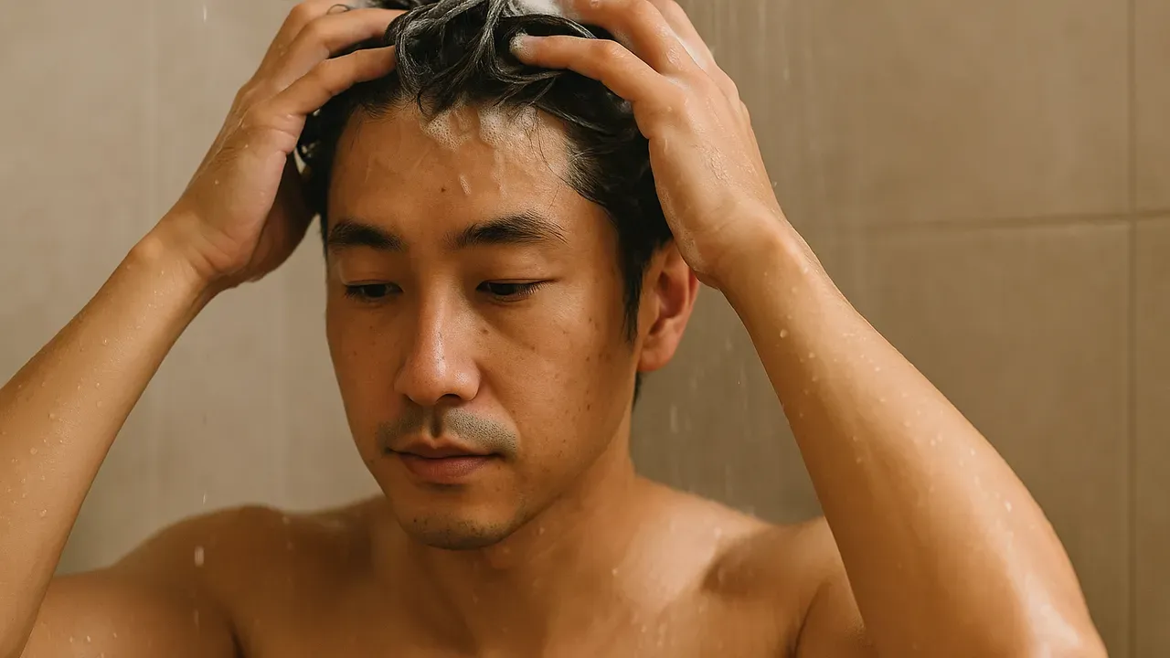 シャワーで頭皮をやさしく洗う男性